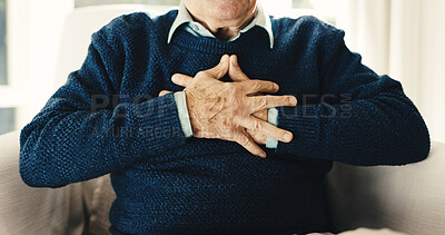 Buy stock photo Senior, man and hands in retirement home with chest pain, acid reflux symptoms and medical problem. Uncomfortable, elderly person and heartburn in living room with indigestion, illness and disease.