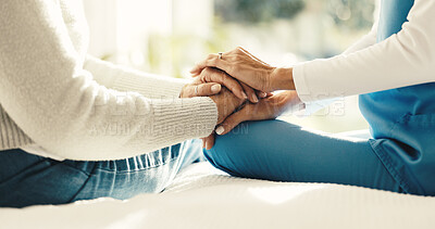 Buy stock photo Holding hands, bedroom and caregiver with elderly woman in house for medical checkup with comfort. Empathy, compassion and nurse with senior patient for healthcare, trust or support in nursing home