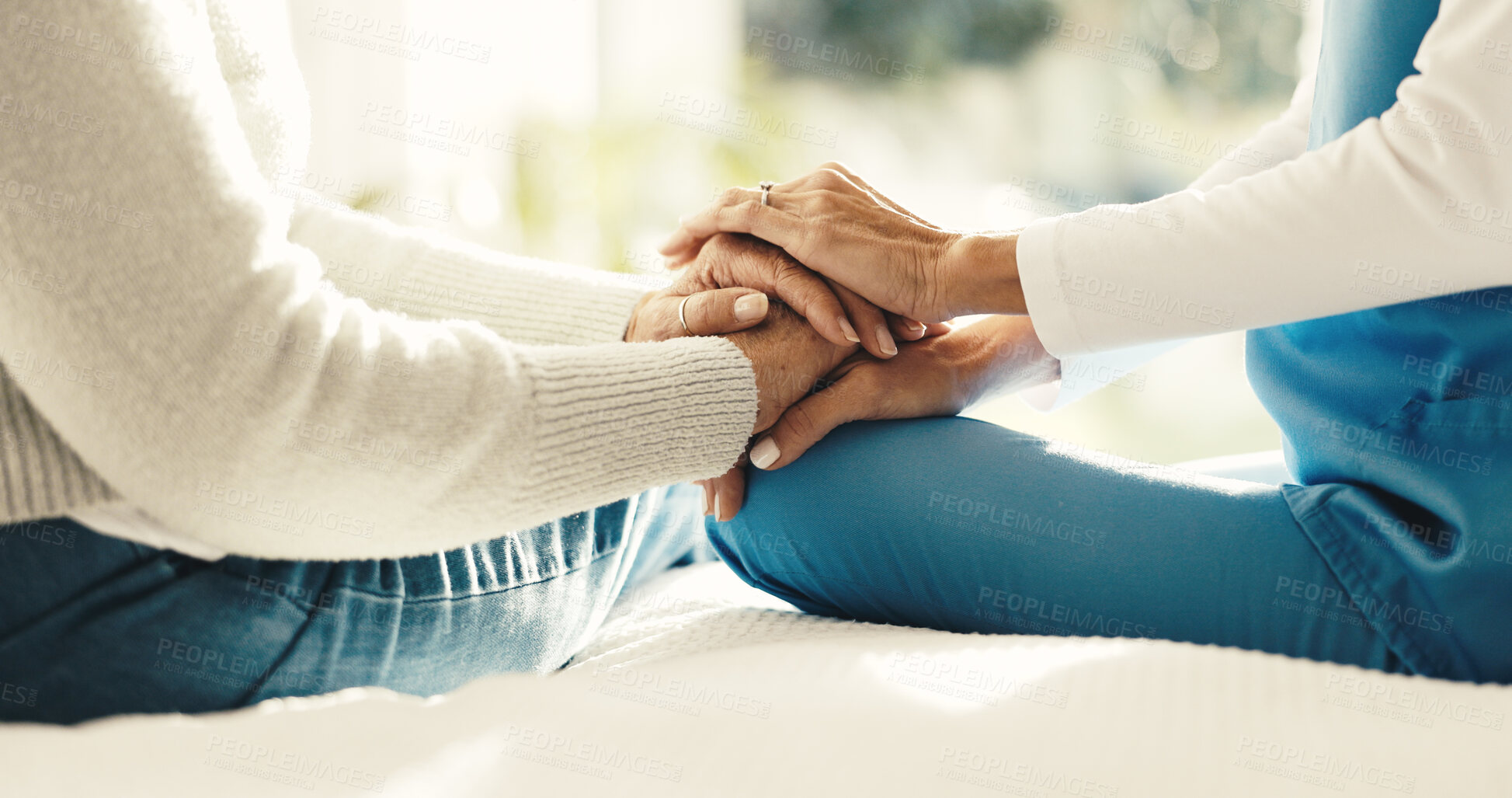 Buy stock photo Holding hands, bedroom and caregiver with elderly woman in house for medical checkup with comfort. Empathy, compassion and nurse with senior patient for healthcare, trust or support in nursing home