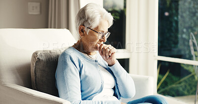 Buy stock photo Old woman, cough or sick in home with health risk, tuberculosis or allergies with retirement. Female person, elderly and illness with lung pressure, inflammation or infection with disease at house