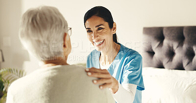 Buy stock photo Nurse, woman and old person in bedroom for healthcare, discussion or support in retirement home. Happy people, caregiver and senior care with elderly patient for conversation, recovery or advice