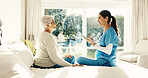 Senior, woman or nurse with tablet in retirement home for medical advice, support or assistance. Female person, healthcare worker or caregiver with technology for elderly care or nursing in bedroom