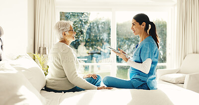 Buy stock photo Senior, woman or nurse with tablet in retirement home for medical advice, support or assistance. Female person, healthcare worker or caregiver with technology for elderly care or nursing in bedroom
