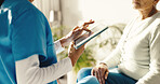 Old woman, hands and caregiver with tablet for healthcare, homecare insurance or medical support. Patient, nurse or person with tech in home for wellness consultation, retirement or assessment report