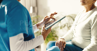 Buy stock photo Old woman, hands and caregiver with tablet for healthcare, homecare insurance or medical support. Patient, nurse or person with tech in home for wellness consultation, retirement or assessment report