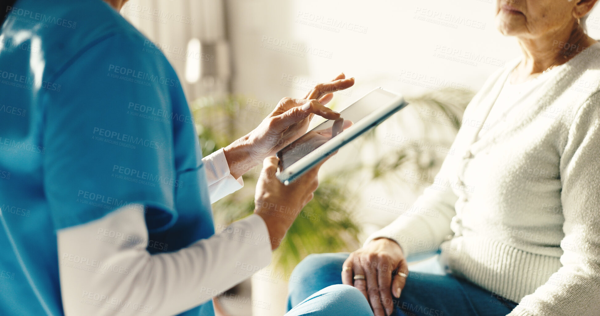 Buy stock photo Old woman, hands and caregiver with tablet for healthcare, homecare insurance or medical support. Patient, nurse or person with tech in home for wellness consultation, retirement or assessment report