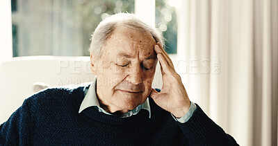 Buy stock photo Headache, stress and senior man in nursing home with fatigue, high blood pressure or medical problem. Tired, elderly person and pain in house with migraine, hypertension symptoms or health condition.