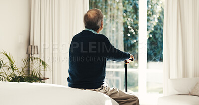Buy stock photo Thinking, window and old man in bedroom with cane, vision and daydreaming for recovery. Back, house and senior person with disability, nostalgia memory and remember decision for injury rehabilitation