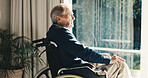 Thinking, window and house with old man in wheelchair, vision and daydreaming for recovery. Serious, view and senior person with disability, reflection and remember decision for injury rehabilitation