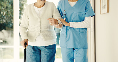 Buy stock photo Hands, caregiver or help old woman with cane for mobility support, hip surgery recovery or homecare. Walking stick, carer or senior person with disability for fall prevention, assistance or stability