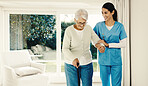 Happy, caregiver or help old woman with cane for mobility support, hip replacement or homecare. Walking stick, carer and senior person with disability for fall prevention, surgery recovery or health