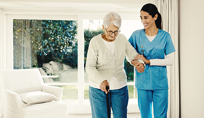 Buy stock photo Happy, caregiver or help old woman with cane for mobility support, hip replacement or homecare. Walking stick, carer and senior person with disability for fall prevention, surgery recovery or health