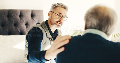 Buy stock photo Caregiver, man and old person in bedroom for healthcare, discussion or support in retirement home. Happy people, health worker or senior care with elderly patient for conversation, recovery or advice