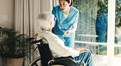 Buy stock photo Senior, woman or nurse with patient in wheelchair in retirement home for assisted living or aid. Medical care, healthcare worker or caregiver helping female person with a disability for health advice