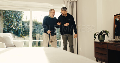 Buy stock photo Cane, man or help senior father in home for mobility support, surgery recovery or fall prevention. Walking stick, adult son or old person with disability for joint rehabilitation, assistance or happy