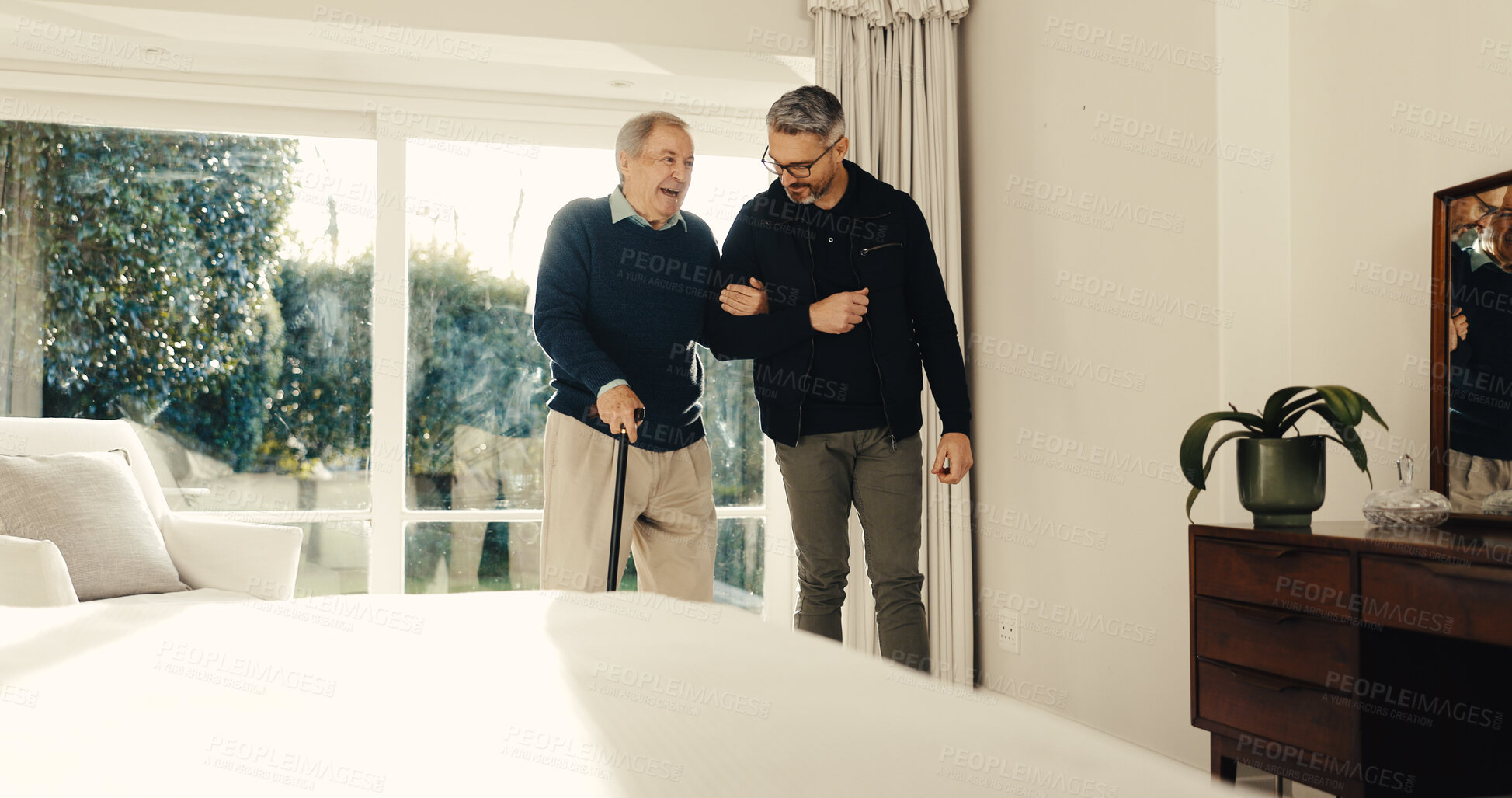 Buy stock photo Cane, man or help senior father in home for mobility support, surgery recovery or fall prevention. Walking stick, adult son or old person with disability for joint rehabilitation, assistance or happy