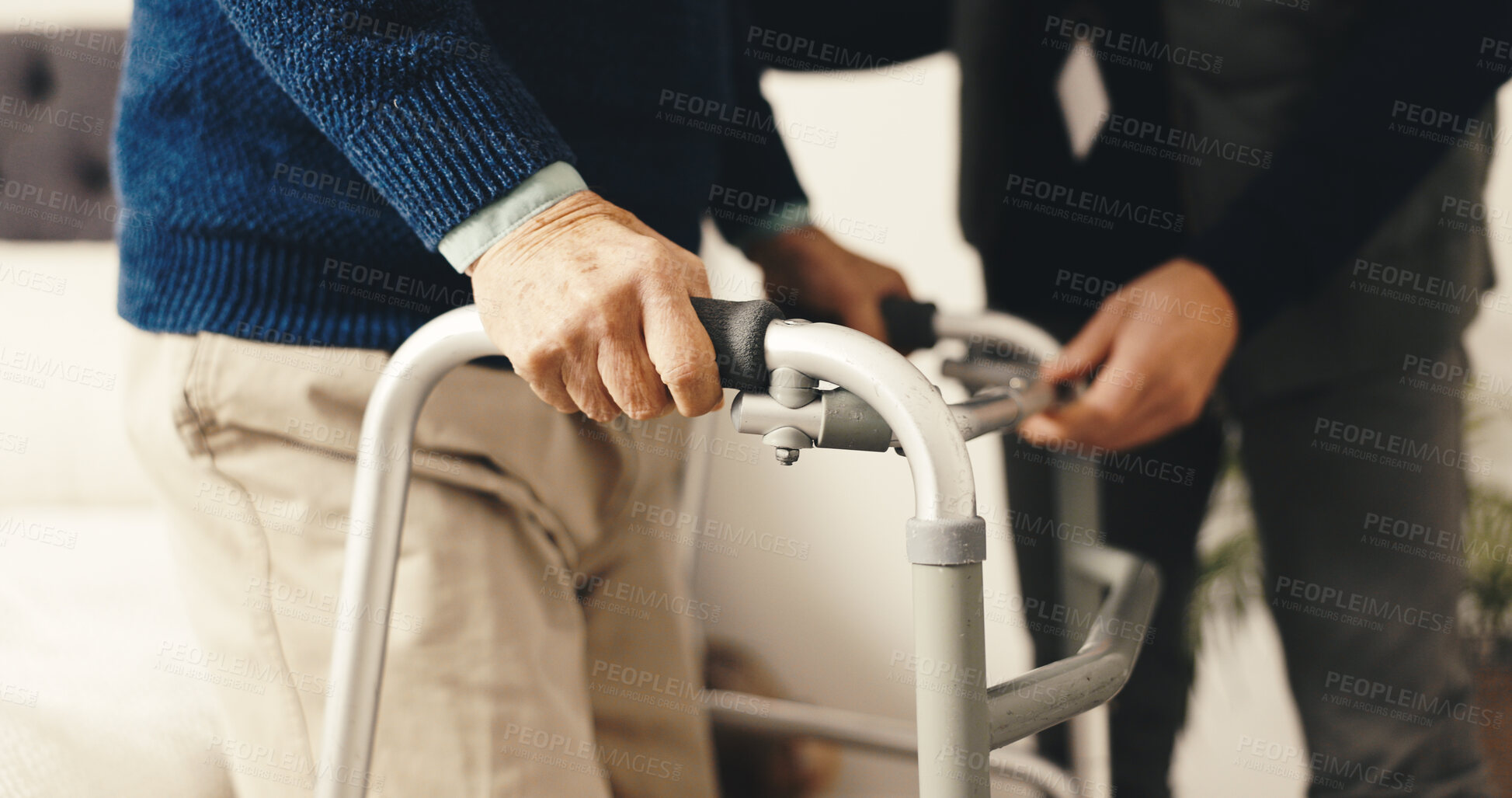 Buy stock photo Senior, hands and walker with physiotherapist for assisted living, balance or support in home. Elderly, man or therapist helping person with a disability for walking aid or assistance in bedroom