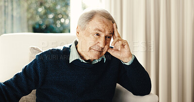 Buy stock photo Old man, thinking or anxiety with retirement in home, dementia with headache or mental distress. Senior, person and migraine with reflection on history, regret or difficult memory with Alzheimer