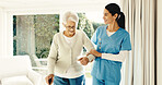 Smile, caregiver or help old woman with cane for mobility support, hip replacement or homecare. Walking stick, carer and senior person with disability for fall prevention, surgery recovery or health