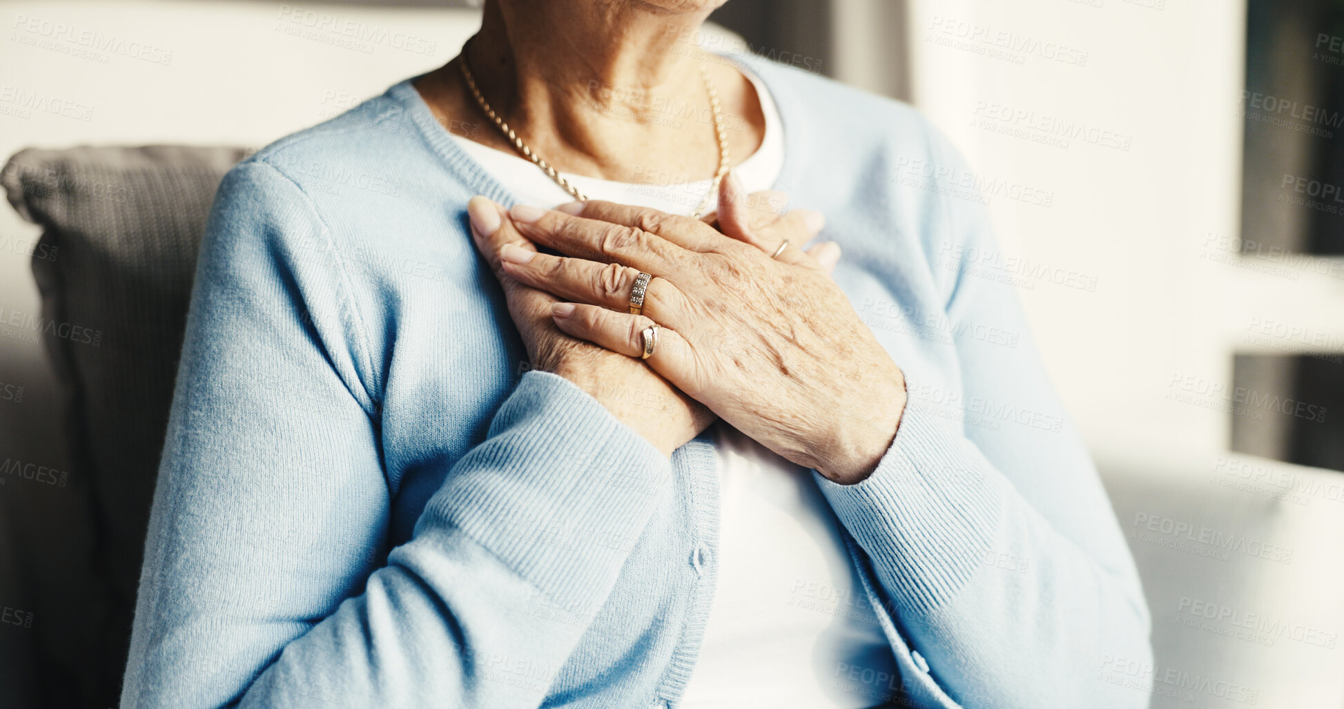 Buy stock photo Senior, woman and hands with chest pain in retirement house for cardiac arrest or hypertension. Elderly, female person or heart attack with discomfort for chronic illness or asthma in old age home