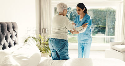 Buy stock photo Elderly, woman and nurse with patient in retirement home for assisted living or support in bedroom. Female person, healthcare worker or caregiver with helping hand for walking aid or senior care