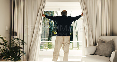 Buy stock photo Senior, man and open curtains in retirement home for morning reflection, getting ready and daylight. Back, elderly person and wake up by house window with drapes, thinking and housework routine.