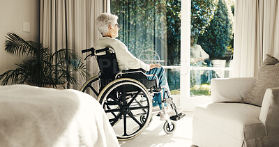 Buy stock photo Thinking, window and house with old woman in wheelchair, vision and daydreaming for recovery. Back, view and senior person with disability, reflection and remember decision for injury rehabilitation