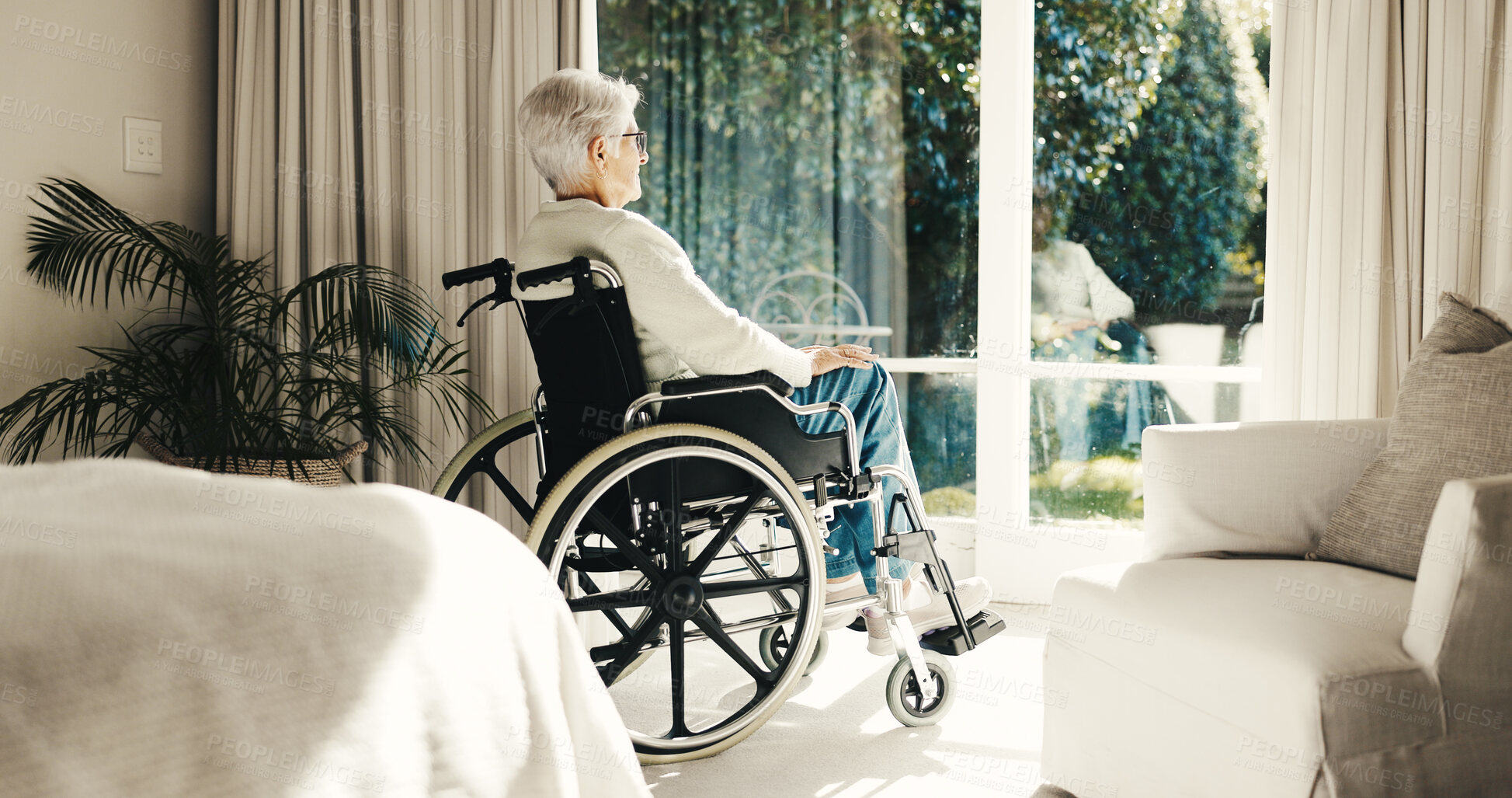 Buy stock photo Thinking, window and house with old woman in wheelchair, vision and daydreaming for recovery. Back, view and senior person with disability, reflection and remember decision for injury rehabilitation