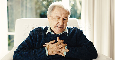 Buy stock photo Senior, man and heart attack with chest pain in retirement home for cardiac arrest or hypertension. Elderly, male person or bronchitis with discomfort for chronic illness or asthma in old age house