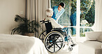 Elderly, woman or nurse with patient in wheelchair in retirement home for assisted living or aid. Senior care, healthcare worker or caregiver helping female person with a disability for health advice
