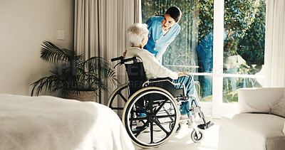 Buy stock photo Elderly, woman or nurse with patient in wheelchair in retirement home for assisted living or aid. Senior care, healthcare worker or caregiver helping female person with a disability for health advice
