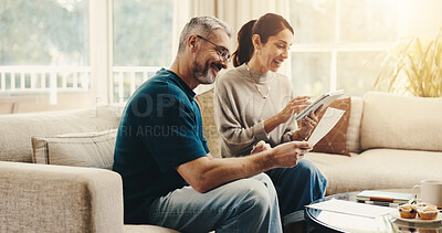 Buy stock photo Tablet, paperwork and couple on sofa in home with planning budget, savings or finance research. Documents, digital technology and mature man with woman in living room for discussion for investment.