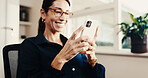 Texting, smile and woman in home with phone, online communication and post update on social media. Digital, happy and mature person with tech, message notification or chatting on virtual platform.
