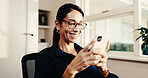 Texting, happy and woman in home with phone, online communication and post update on social media. Digital, glasses and mature person with tech, message notification or chatting on virtual platform.

