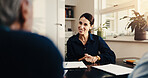 Happy, financial advisor and businesswoman with clients in office, talking or meeting with paperwork. Wealth management, retirement plan and discussion with senior people, smile and consultation