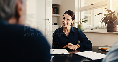 Buy stock photo Happy, financial advisor and businesswoman with clients in office, talking or meeting with paperwork. Wealth management, retirement plan and discussion with senior people, smile and consultation