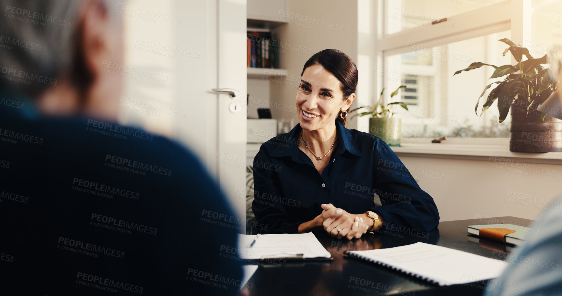 Buy stock photo Happy, financial advisor and businesswoman with clients in office, talking or meeting with paperwork. Wealth management, retirement plan and discussion with senior people, smile and consultation