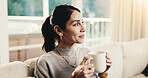 Coffee, break and thinking with woman in living room of home for contemplation or reflection. Drink, me time and relax with mature person in apartment for inspiration, nostalgia or perspective