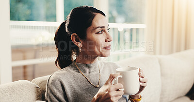 Buy stock photo Coffee, break and thinking with woman in living room of home for contemplation or reflection. Drink, me time and relax with mature person in apartment for inspiration, nostalgia or perspective