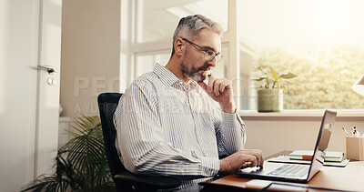 Buy stock photo Reading, online and businessman with laptop in office, accountant or plan for taxes with information. Bookkeeper, budget review and mature person with tech, audit and financial report in business