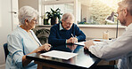 Old couple, signing and meeting with financial advisor in business, consultation or retirement plan. Wealth management, man and senior people with contract, help and approval for policy in office