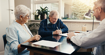 Buy stock photo Old couple, signing and meeting with financial advisor in business, consultation or retirement plan. Wealth management, man and senior people with contract, help and approval for policy in office