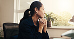 Thinking, smile or entrepreneur in home with insight, mindfulness or inspiration for startup growth. Happy, reflection or mature woman with space, perspective or daydreaming on small business goal.