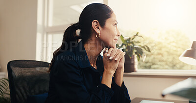Buy stock photo Thinking, smile or entrepreneur in home with insight, mindfulness or inspiration for startup growth. Happy, reflection or mature woman with ideas, perspective or daydreaming on small business goal.