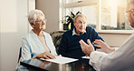 Happy, old couple and discussion with financial advisor in office, listen or meeting with documents. Wealth management, retirement plan and conversation with senior people, explain and consultation