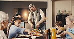 Cooking, serve and big family in dining room for dinner, prepare food and bonding together in home. Culinary skills, social gathering and people for supper, conversation and thanksgiving feast