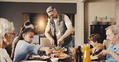 Buy stock photo Cooking, serving and big family in dining room for dinner, prepare food and bonding together in home. Culinary skills, generations and happy people for supper, conversation and thanksgiving feast