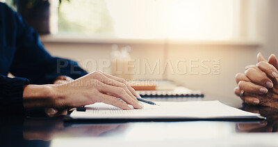 Buy stock photo Financial advisor, consultation and hands with document in office, explain or investment assessment. Wealth management, retirement plan and talk with senior person, meeting and paperwork in business
