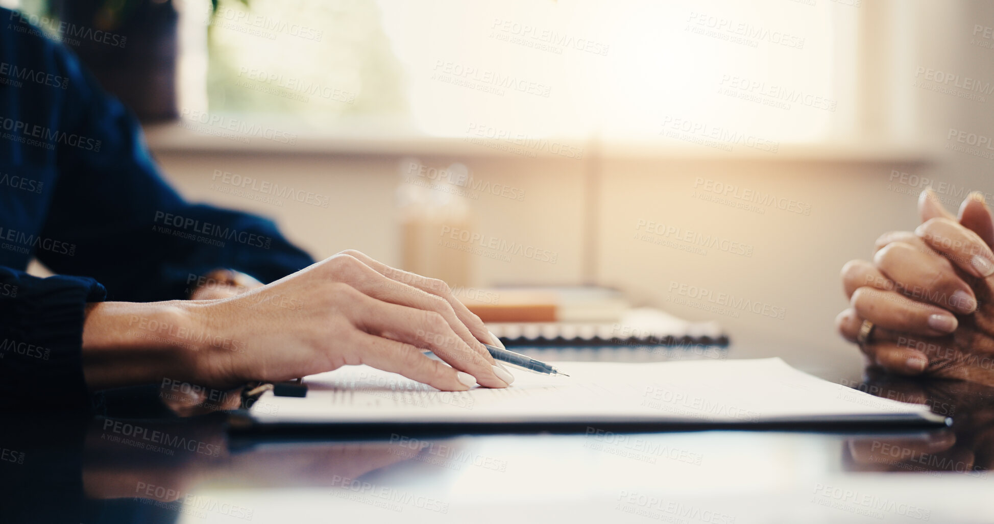 Buy stock photo Financial advisor, consultation and hands with document in office, explain or investment assessment. Wealth management, retirement plan and talk with senior person, meeting and paperwork in business