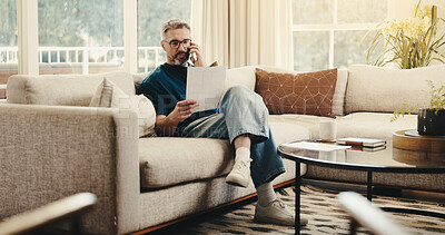 Buy stock photo Finance, phone call or man in home with paper, budget review or fintech guide in online consultation. Help, tech or mature person with document, account advice or tax evaluation in digital discussion